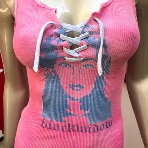 GRISELDA BLANCO graffiti distressed black widow mob lace-up keyhole tank top S